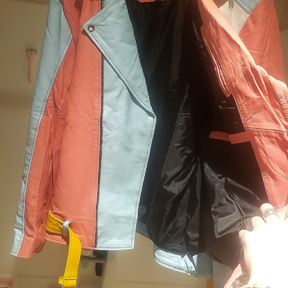 Rainbow pastel color block leather moto jacket. - Picture 9 of 13